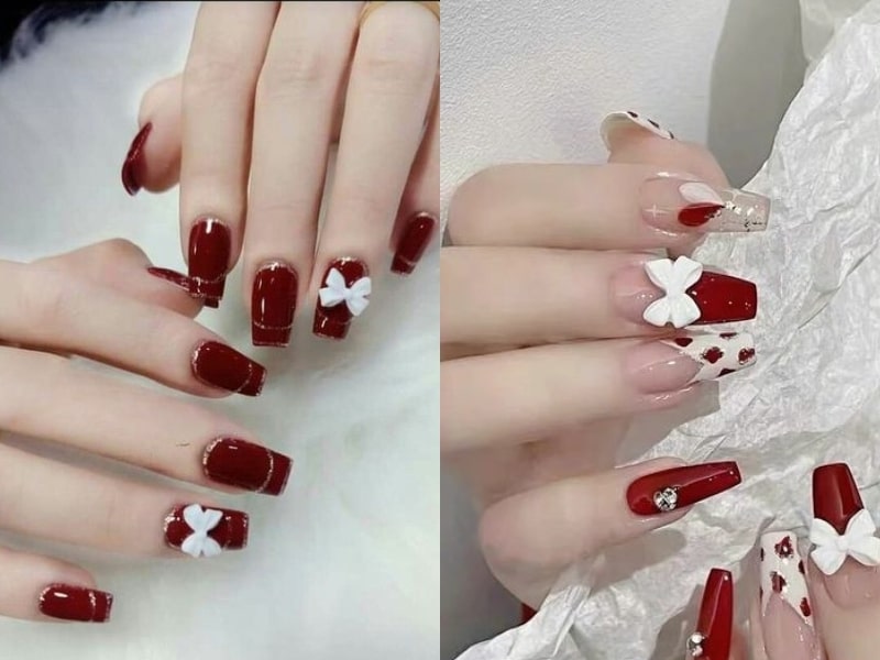Mẫu nail form vuông dài, gắn nơ nổi bật