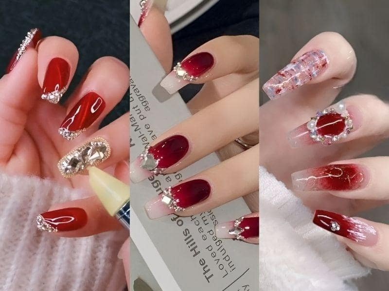 Mẫu nail form vuông dài, đỏ rượu nổi bật