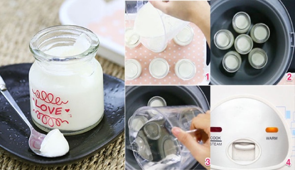 Đặt các hũ sữa chua vào nồi cơm điện và tiến hành ủ