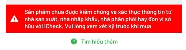 Thông báo tình trạng xác thực thông tin của sản phẩm