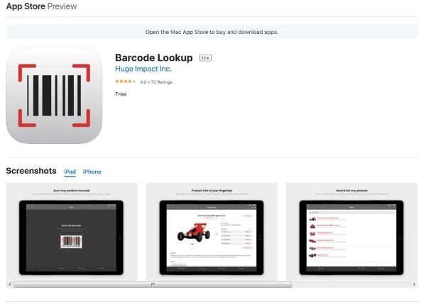 Giao diện ứng dụng Barcode Lookup trên hệ điều hành iOS