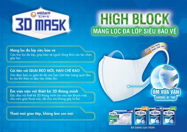 Thiết kế khẩu trang 3D Nhật Bản với quai đeo ôm vừa vặn, không gây bí khi thở