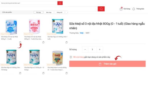 Nhấn vào biểu tượng giỏ hàng hoặc nút “Thêm vào giỏ hàng” để chọn sản phẩm