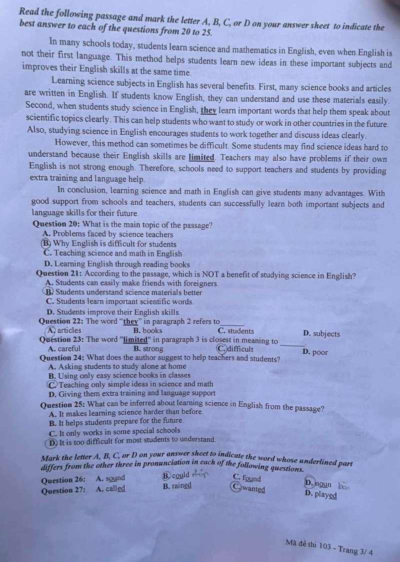 đáp án đề thi tiếng Anh lớp 10 nghệ an
