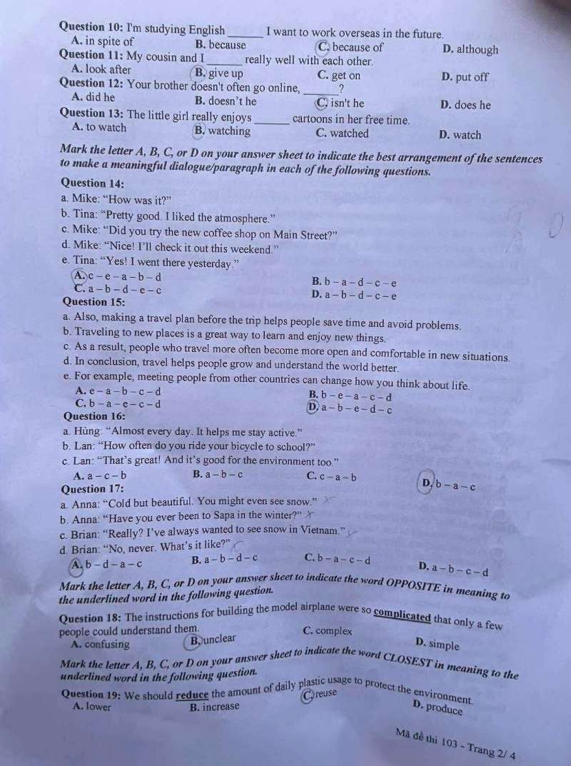 đáp án đề thi tiếng Anh lớp 10 nghệ an