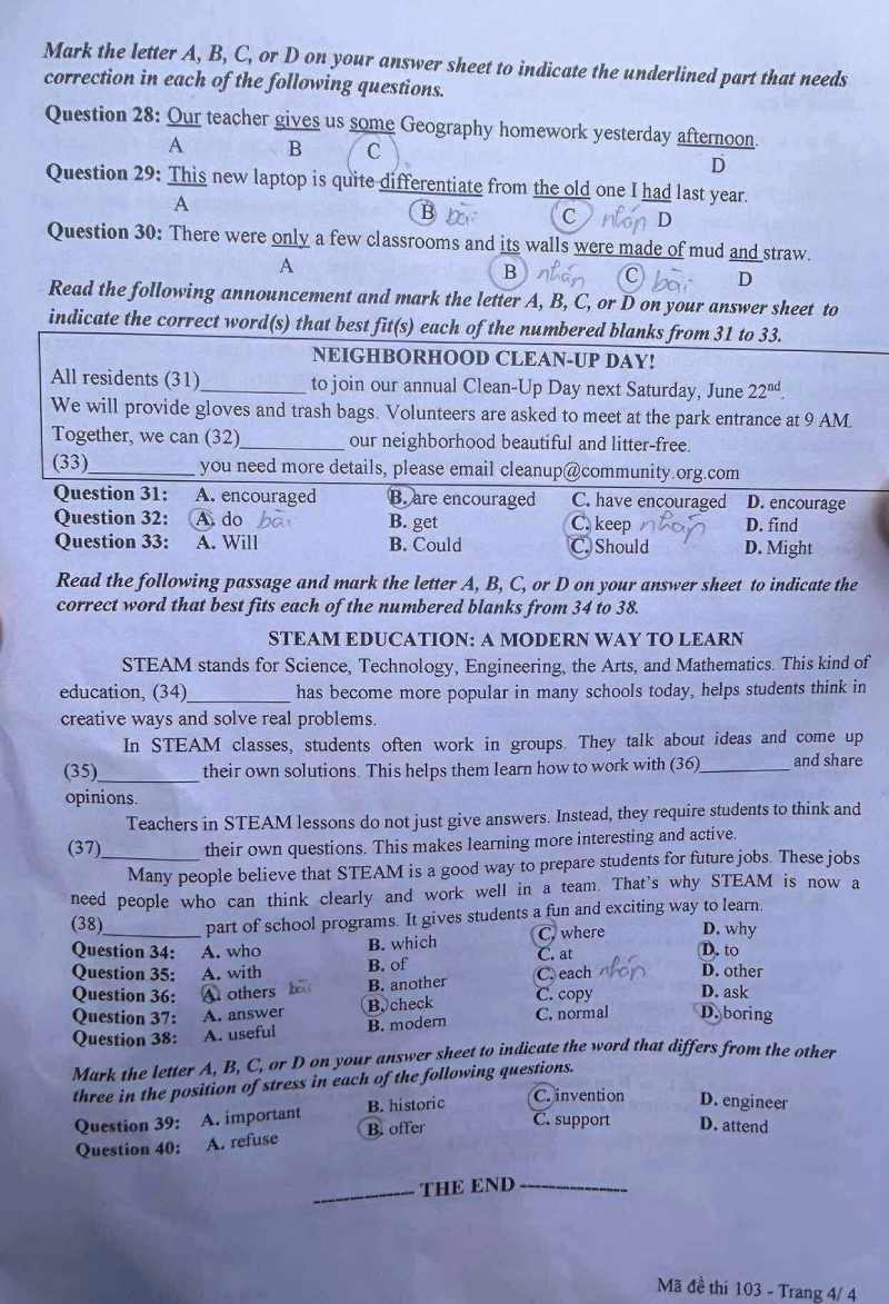 đáp án đề thi tiếng Anh lớp 10 nghệ an