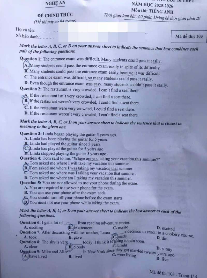 đáp án đề thi tiếng Anh lớp 10 nghệ an