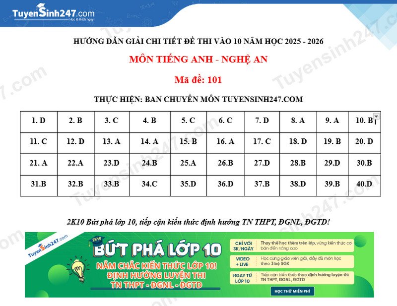 đáp án đề thi tiếng Anh lớp 10 nghệ an