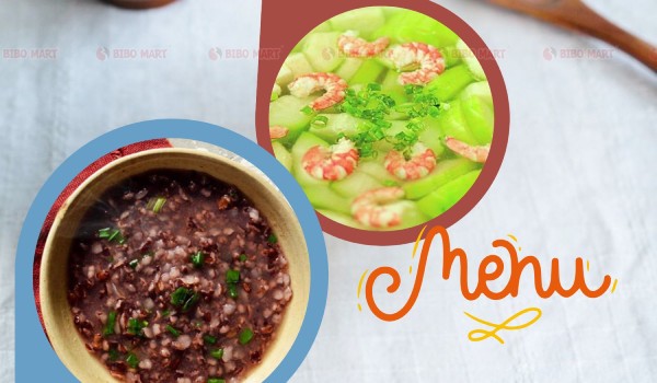 Cháo gạo lứt thịt bằm, canh bí xanh nấu tôm