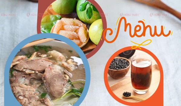 Phở bò tái chín, trà gạo lứt ấm, bưởi ngọt
