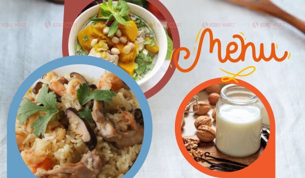 Cơm gà xé xào nấm, canh bí đỏ hạt sen, sữa hạt óc chó