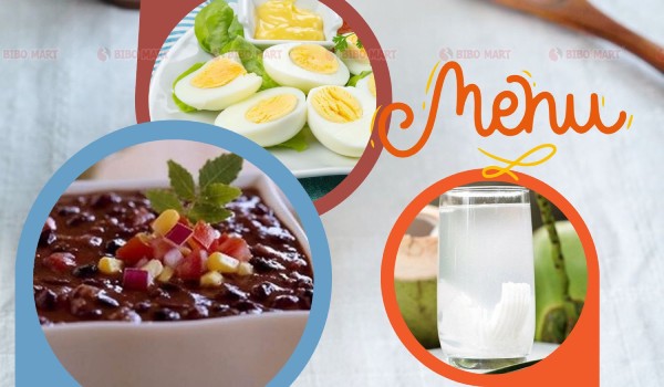 Cháo ngũ cốc thập cẩm, trứng gà ta luộc, nước dừa tươi