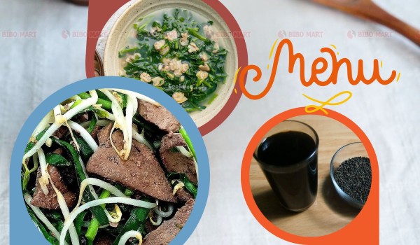 Cơm gan heo xào giá hẹ, canh rau muống luộc, nước vừng đen rang