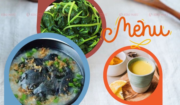 Cháo gà ác hầm thuốc bắc, rau lang luộc chấm vừng, sữa nghệ ấm