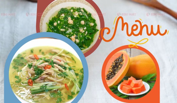 Miến gà xé nhỏ, canh mồng tơi nấu tôm, đu đủ chín