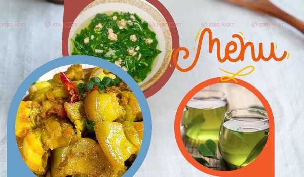 Cơm thịt kho nghệ, canh rau ngót thịt bằm, nước lá vối