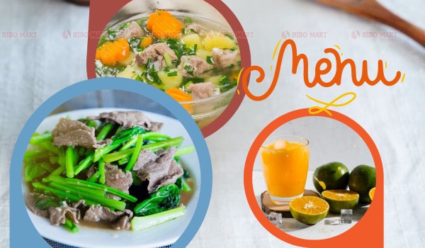 Cơm thịt bò xào rau cải, canh cà rốt hầm xương, nước cam vắt