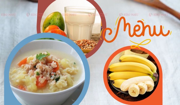 Nui nấu tôm bằm và rau củ, sữa ngũ cốc lợi sữa, chuối tiêu chín