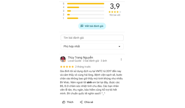 Đánh giá trên Google Maps của khoa sản Vinmec Times City