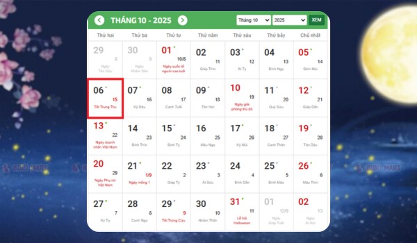 Tết Trung thu 2025 vào ngày 06/10/2025 DL